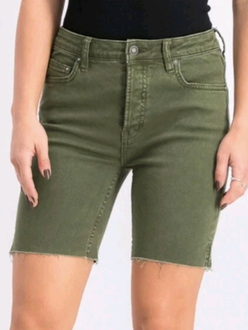 Free People Womens Army Green Avery Raw Hem Denim Bermuda Shorts Size 25